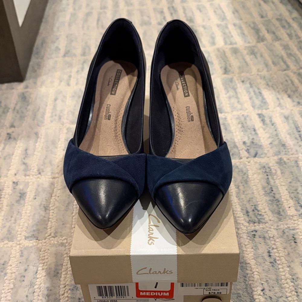 Clarks Navy Pointed Toe Low Heels